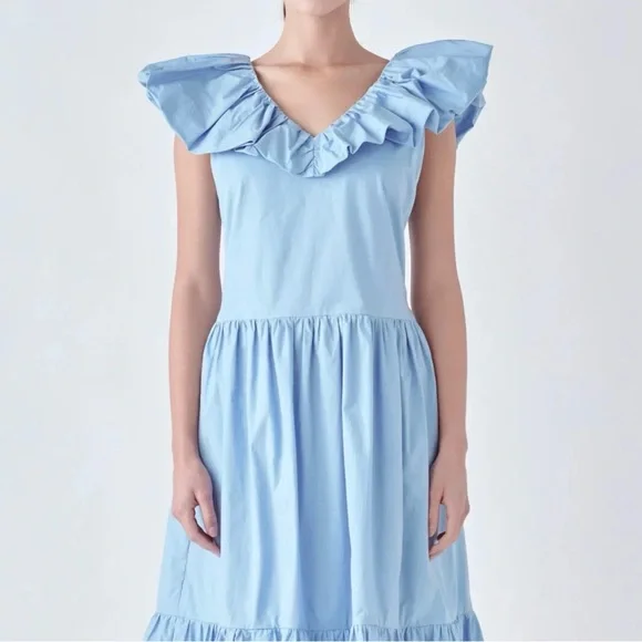 English Factory Midi Dress Womens S Blue V Neck Tiered Ruffle Quiet Luxury New - Picture 3 of 12